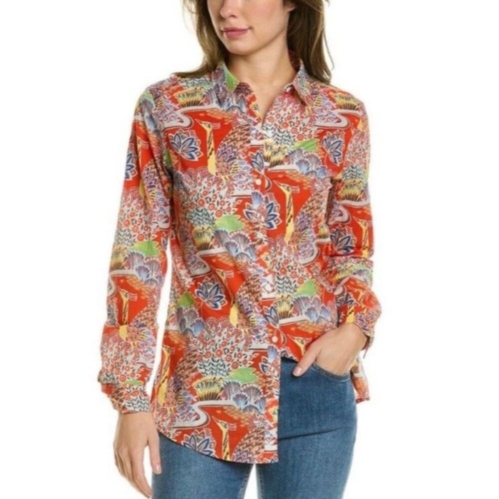 J.‎ McLaughlin Womens Lois Shirt Size S Red Paradise Tropical Ornate Birds Artsy - Picture 13 of 15